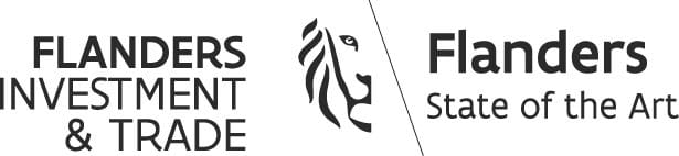 Logo de "Flanders Investment & Trade" avec un lion stylisé à gauche et le texte "Flanders State of the Art" à droite, en noir sur fond blanc.